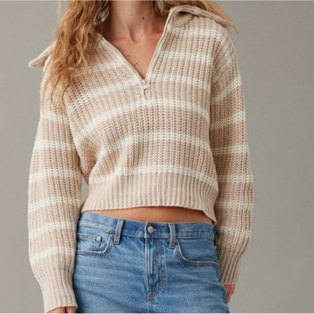 American Eagle Striped Quarter Zip Sweater